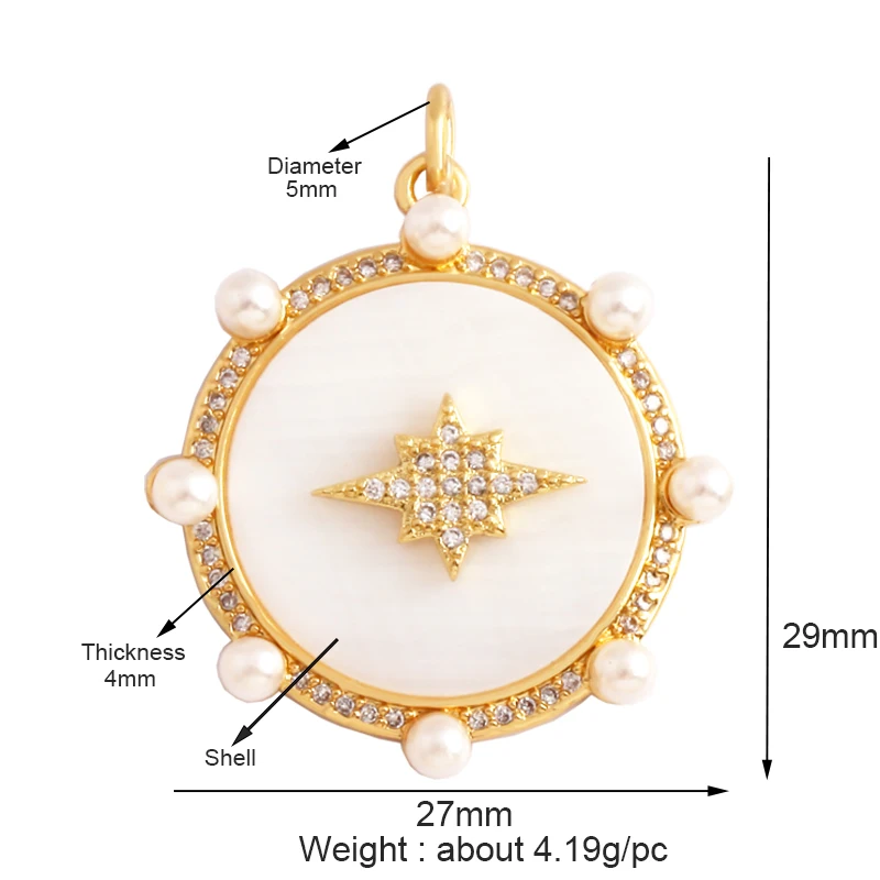 Kompass, glänzender Sonne, Mond, Stern, Muschel-Charm-Anhänger, 18 Karat vergoldetes Gold, eingelegter Zirkonia, Schmuck, Halskette, Armband, Zubehör S45 – Detail 5