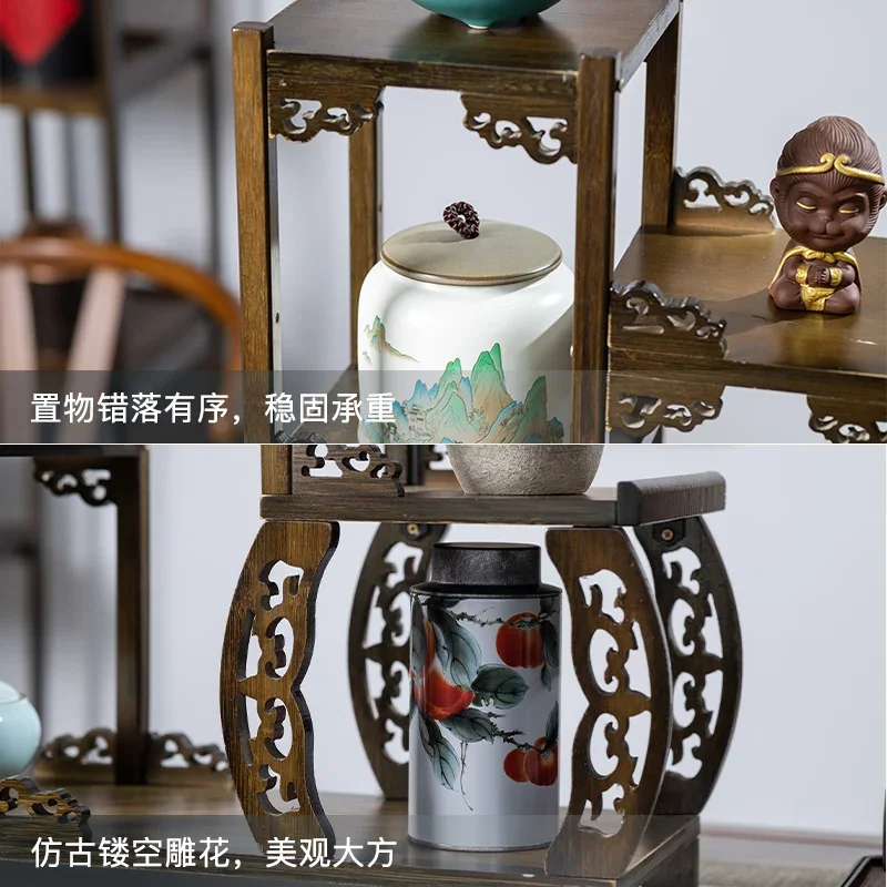 Solid Wood Teapot Display Stand Purple Clay Teapot Display Shelf Tea Set Storage Rack Decoration