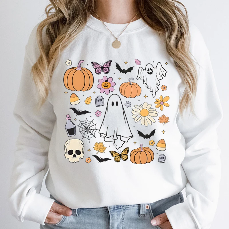 Halloween Ghost Pumpkin Print Sweatshirts Crew Neck Hoodless Pullover Ladies Casual Sweatshirt Long Sleeves Pullovers