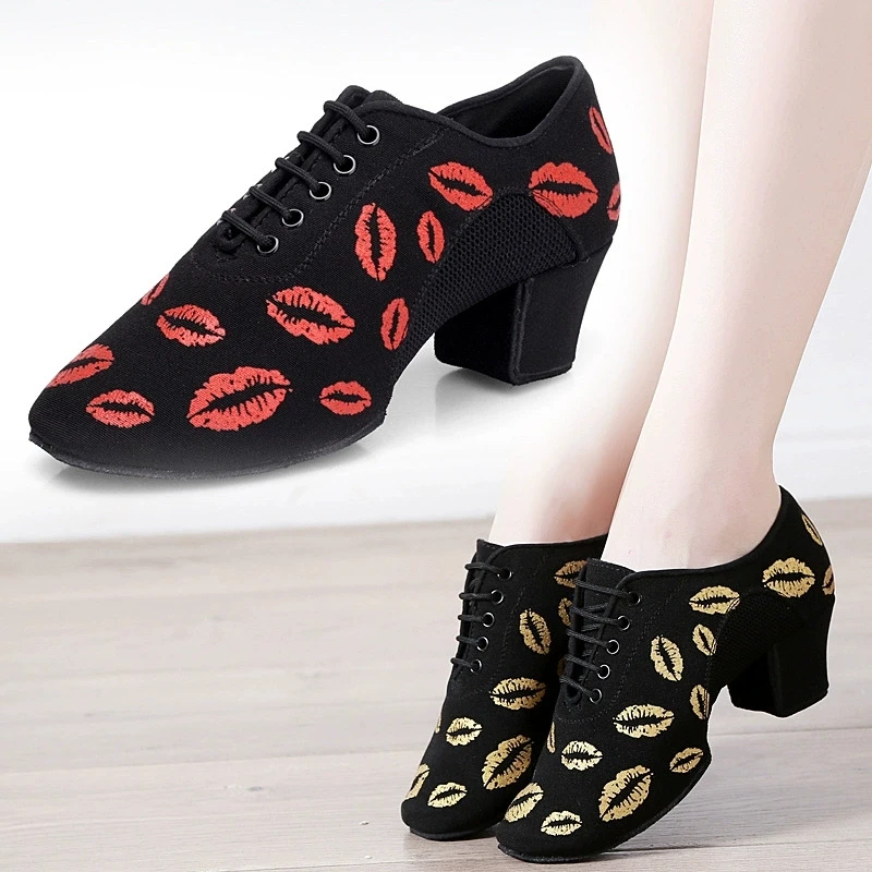

Lip Print Latin Dance Shoes Women Oxford NET Cha Cha Dance Shoes Ballroom Dancing Shoes Mesh Sneakers Canvas Square Shoe Woman