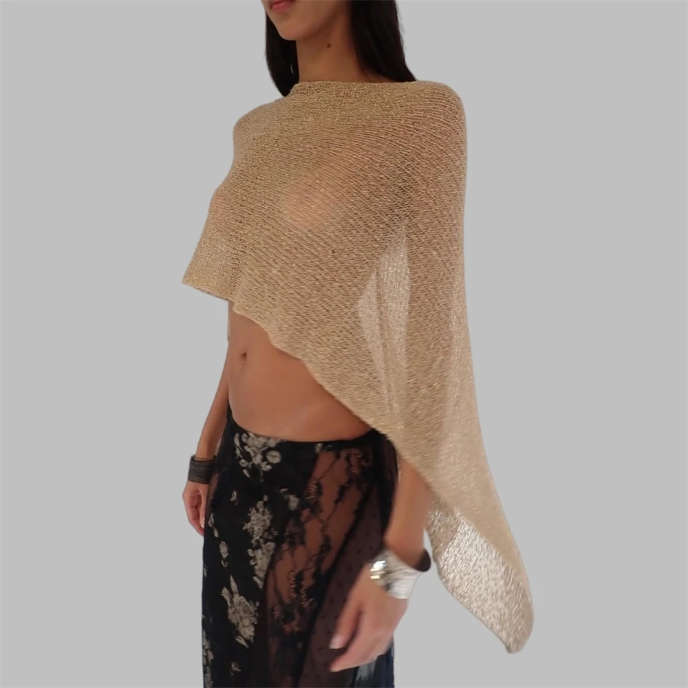 

Champagne Sheer Metallic Knit Cape Shawl Openwork Crochet Beach Cover Up Asymmetric See-Through Poncho For Women Party Evening