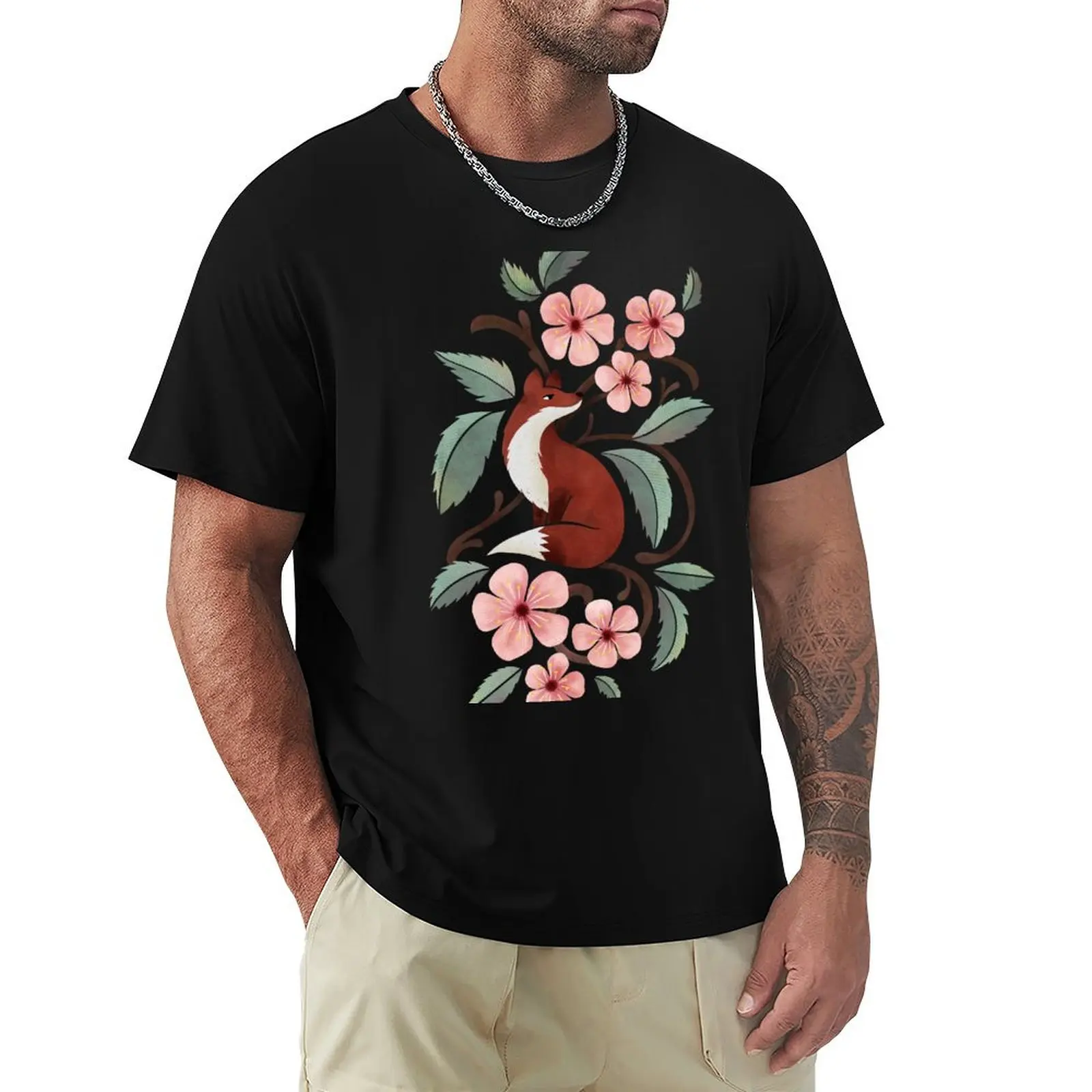 

Fox in Cherry Blossoms T-Shirt anime figures quick drying black t shirts for men