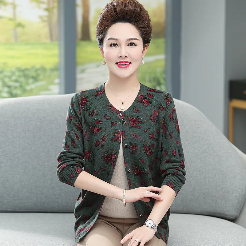 New Vintage Women Clothing Large Size Middle Aged Clothes Mother Sweater Knitted Shirt Long Sleeve Cardigan Jacket Grandma Top