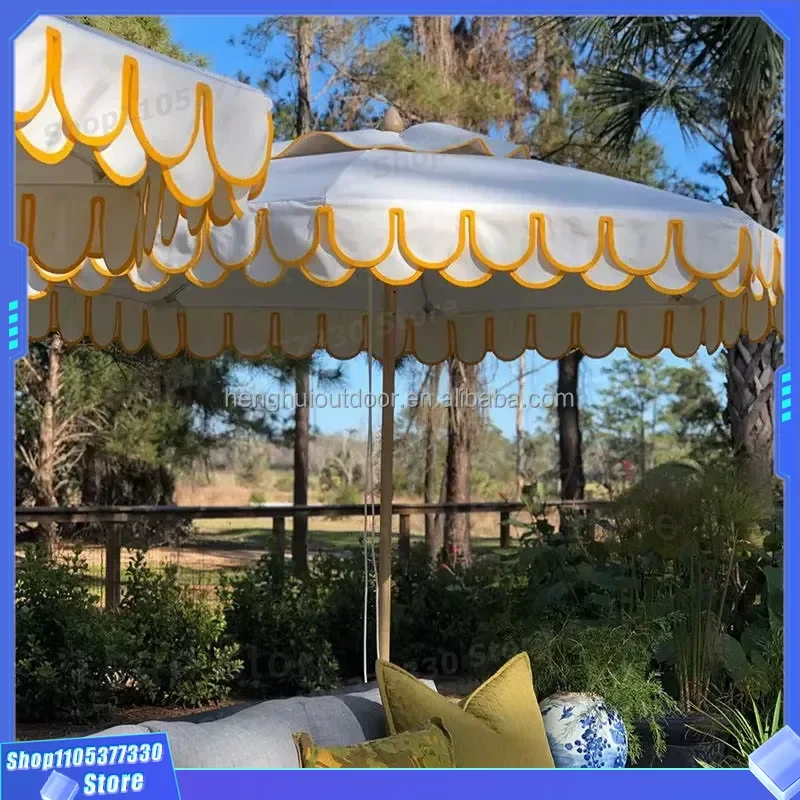 Premium Customized Logo Sunshade Large Outdoor Wooden Umbrella Scalloped Patio Umbrella Event Commercial Pool Umbrella
