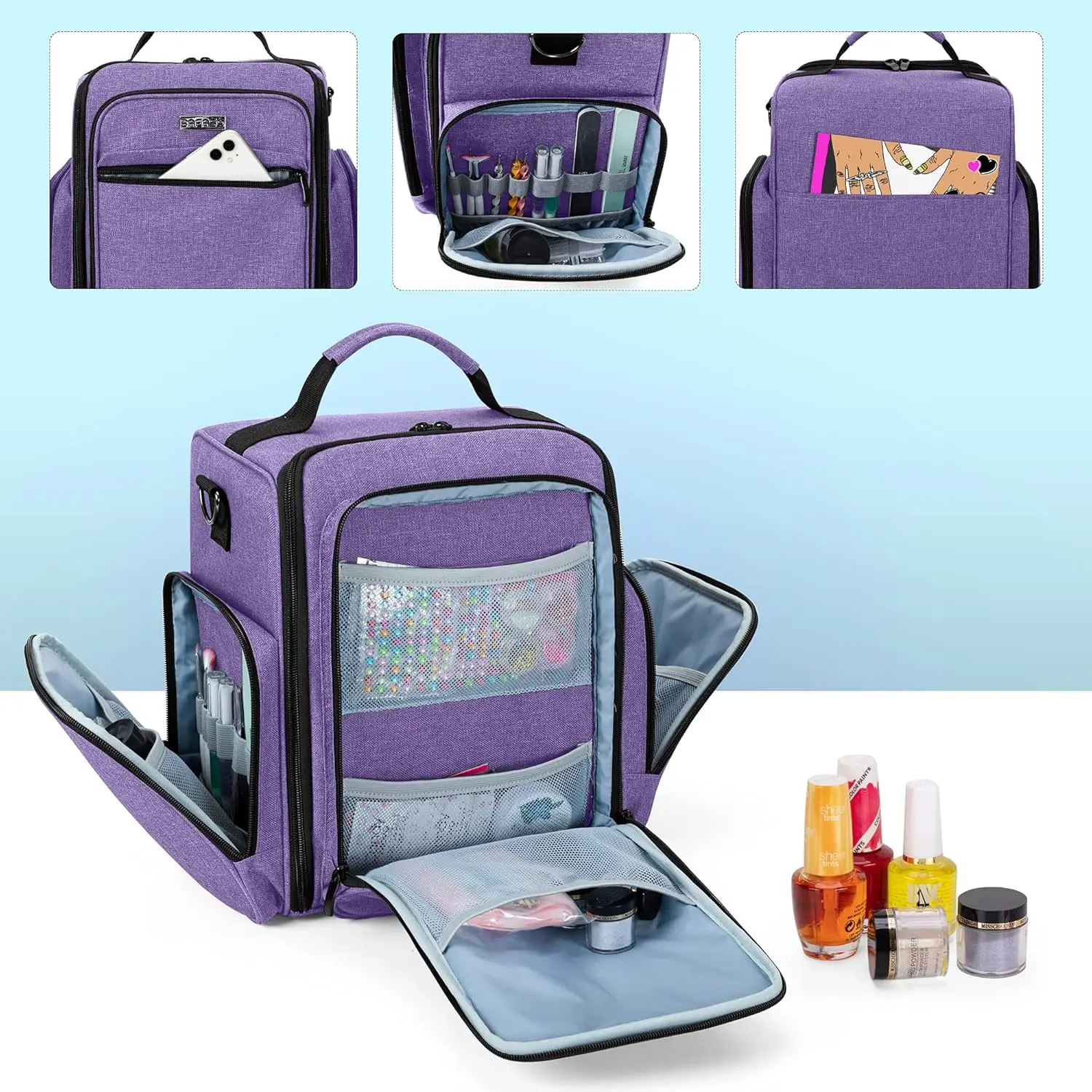 Grande organizer per smalti per unghie può contenere 48 bottiglie e lampada, 2 buste rimovibili, più sezioni di archiviazione - Viola