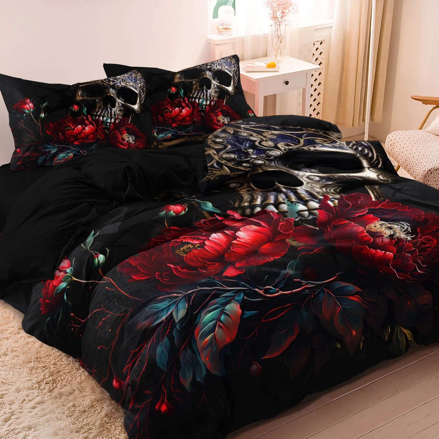 3pcs Set Gothic Skull & Red Peony Printing Duvet Cover Set, Dark Floral Bedding ,For Bedroom Hotel Inn School Dormitory Can Be