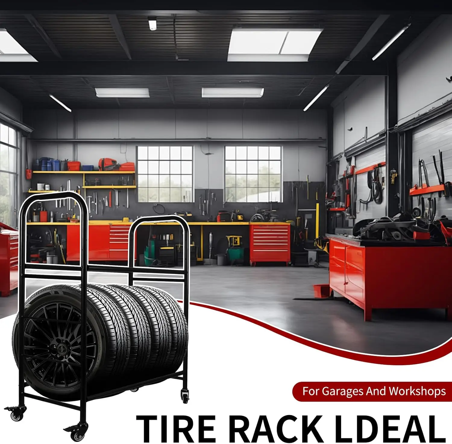 رف تخزين إطارات المرآب المتحرك مع بكرات، يحمل 8 إطارات، أرفف معدنية قابلة للتعديل #6