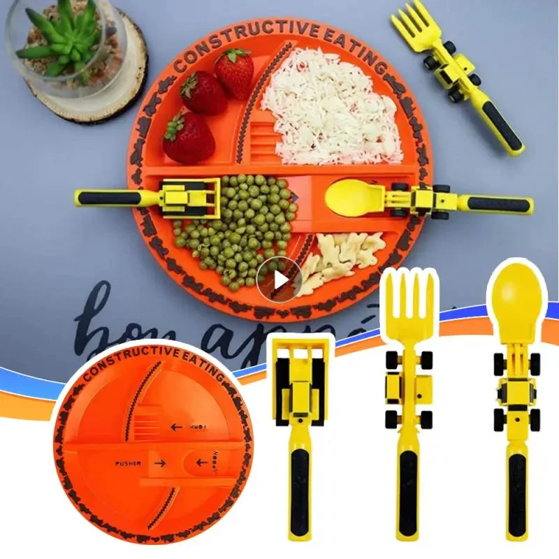 New Car Bulldozer Excavator Shovel Plate Knife Fork Spoon BPA Free Children Spoon Tableware Set  Dinnerware Set Dropspping