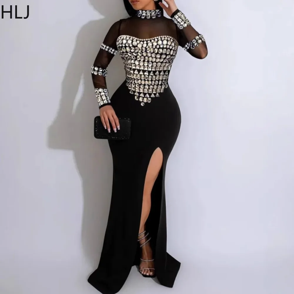 

HLJ Black Fashion Rhinestone Mesh See Though Bodycon Evening Party Long Dresses Women Long Sleeve High Slit Slim Vestidos 2025