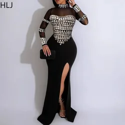 HLJ Black Fashion Rhinestone Mesh See Though Bodycon Evening Party Long Dresses Women Long Sleeve High Slit Slim Vestidos 2025
