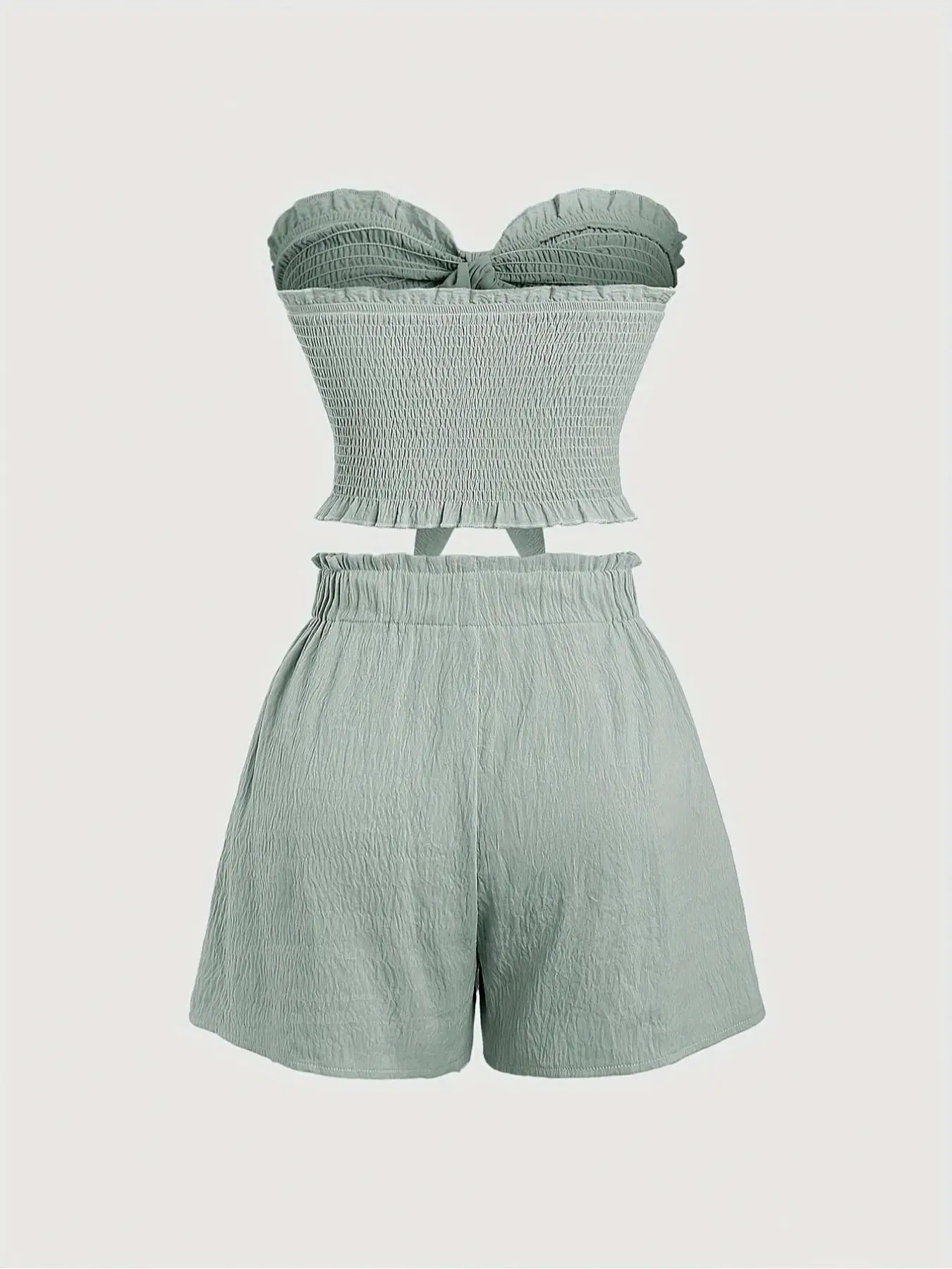 Simple, Beachy Style, Romantic Seaside. Date Outfit Featuring a Top with Gathered Details and Shorts, a Two-Piece Set for Women.
