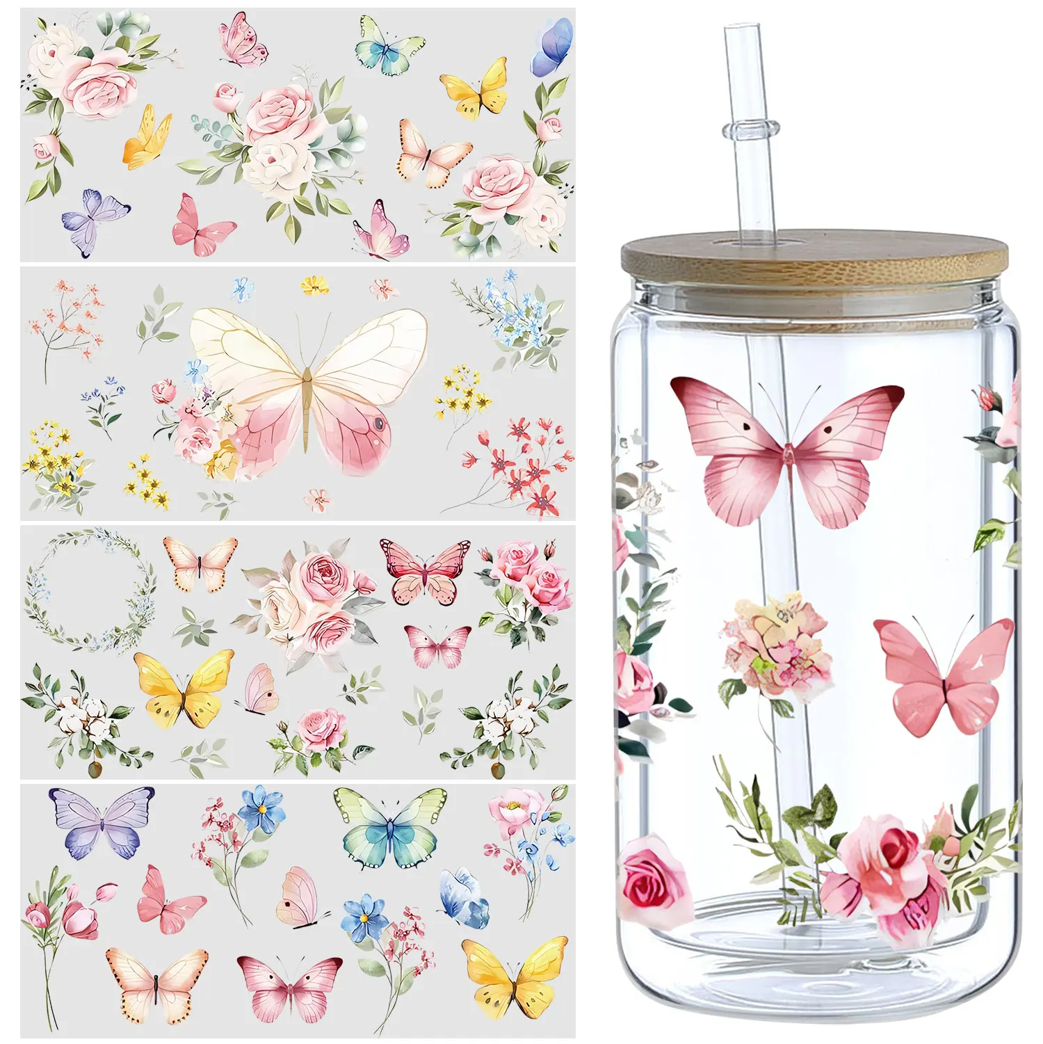 5pcs cartoon pattern UV DTF cup stickers, DTF friction transfer stickers, waterproof transfer stickers for 16oz glass cups