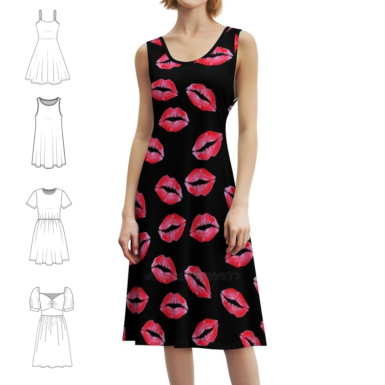 

Губная помада Поцелуи Богемное платье без рукавов с несколькими принтами Пляжное праздничное платье для отдыха Сексуальная забавная помада Поцелуи Розовый Красный Крутая вечеринка