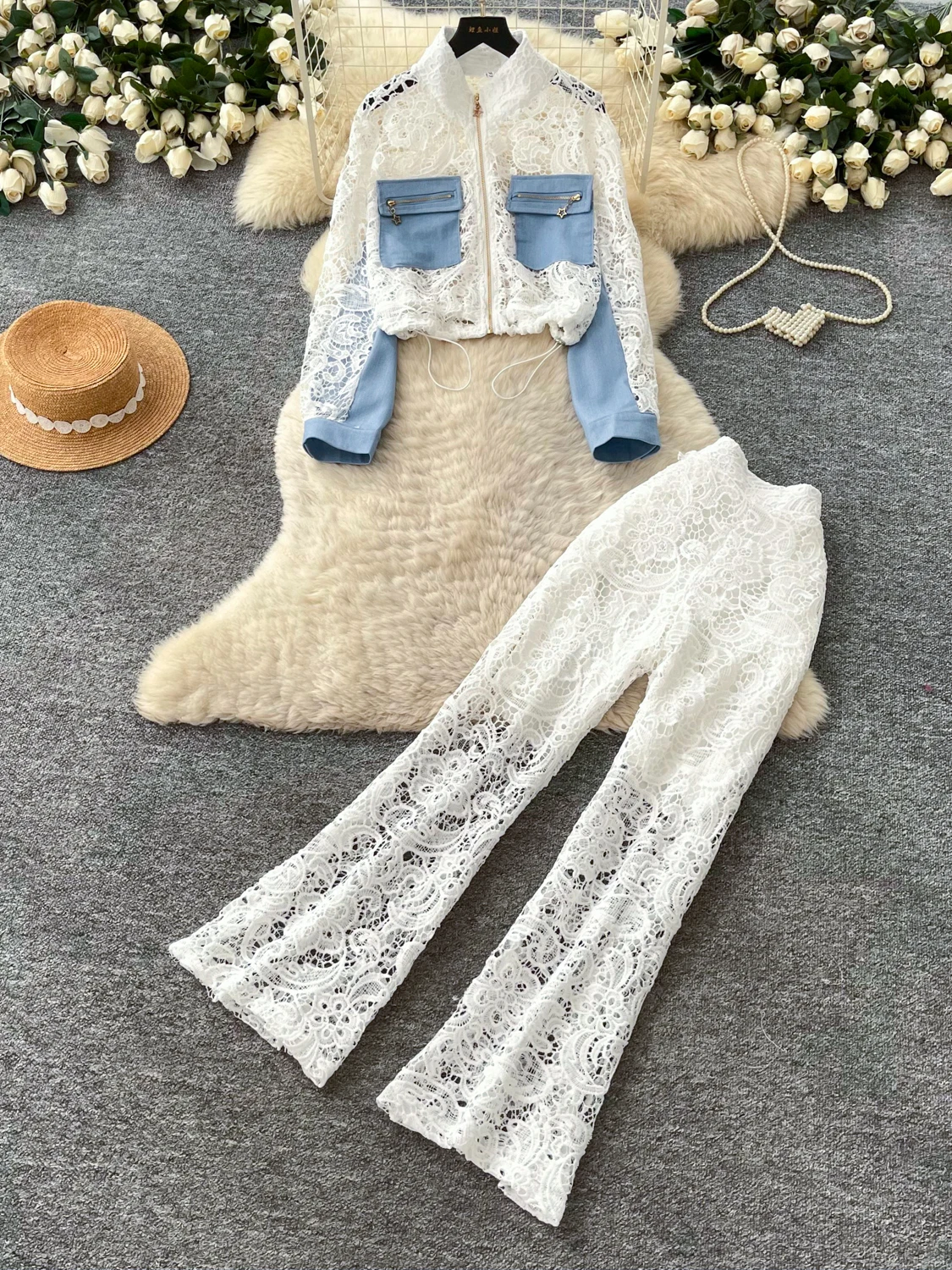 Commuter Style Lace Hollow out Two-piece Set Women's Slimming Design Drawstring Short Top Straight Leg Pants Set