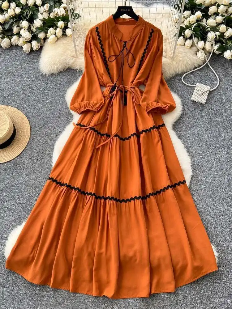 Französisch Frauen Vintage Kleid Welle Muster Verstärktes Laterne Hülse Strand Lange Kleider Damen Lose Frühling Herbst Lange Robe Vestidos