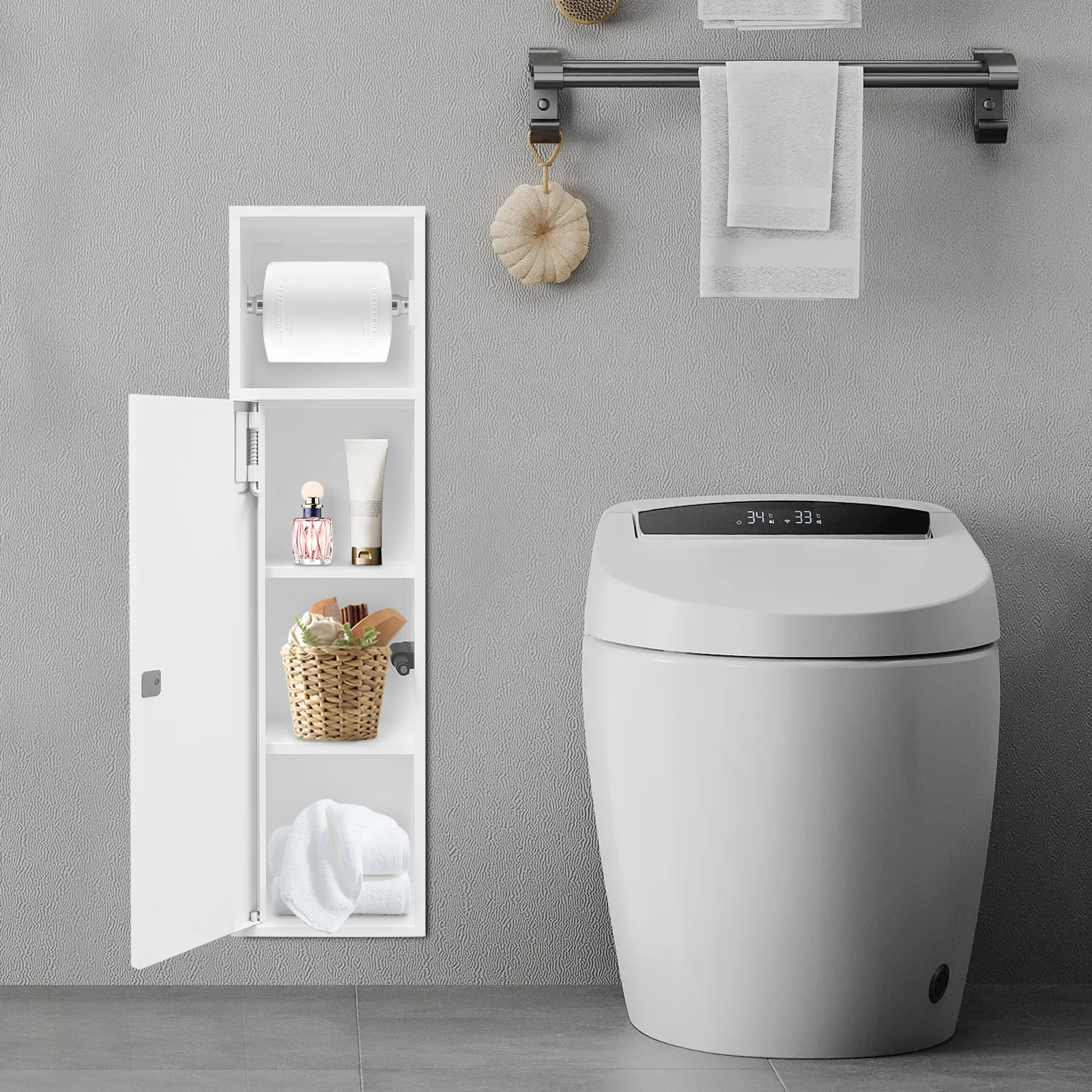 

Recessed Bathroom Wall Niche 6.8×4.9×24.8In Four-Tier Compartment Hidden Cabinet Design Save Space For Towel Organization