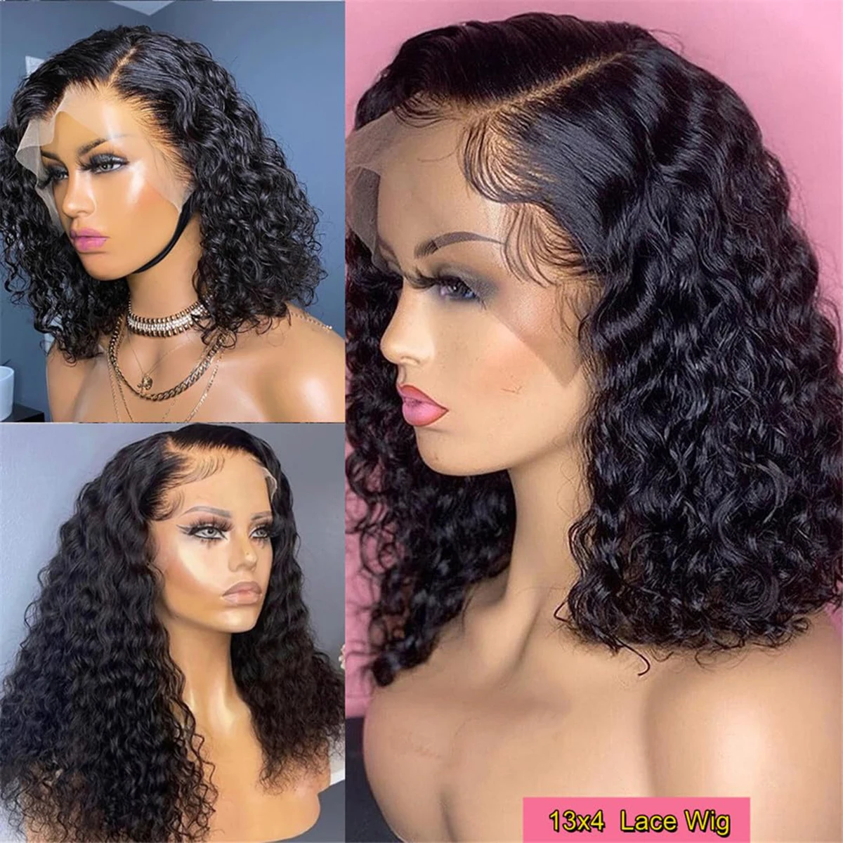 Glueless Deep Wave Curly Bob Wigs 13x4 Lace Front Bob Wig Human Hair For Women Pre Cut Lace Closure Wig