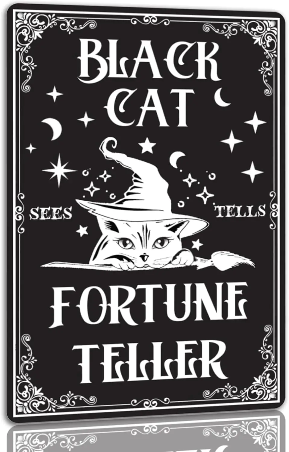 Schwarze Katze Wahrsagerin Blechschild Halloween Metallschild Vintage Gruselige Dekoration Gotische Halloween-Dekorationen für Café Bar Küche