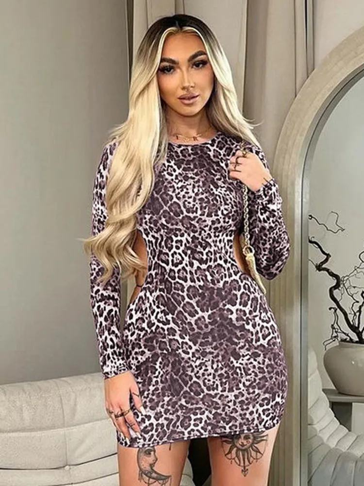 

BKLD Women Clothing 2025 Autumn Winter New Leopard Print Long Sleeve Fashion Short Dresses Sexy Slim Fit Lace-Up Backless Dress