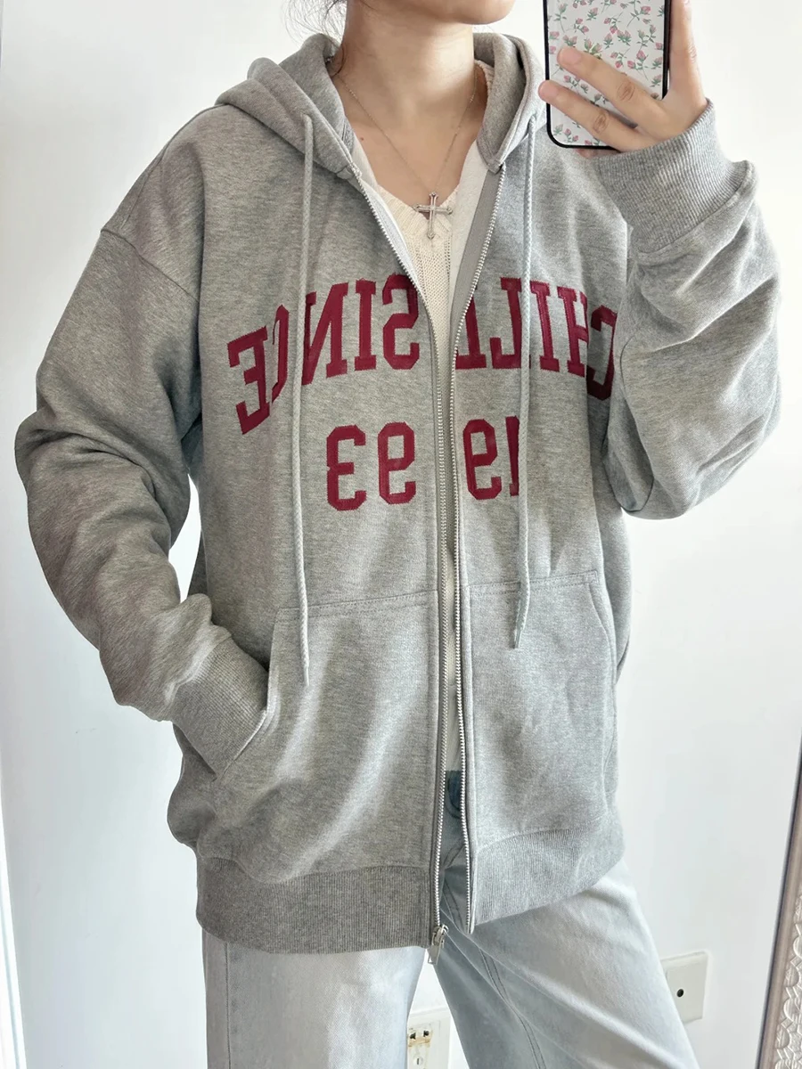

Винтажные толстовки на молнии с вышивкой букв, женские повседневные хлопковые толстовки с длинными рукавами и капюшоном, толстовки в консервативном стиле, топы