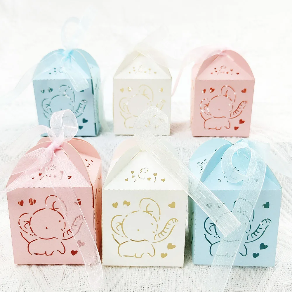 10Pcs Baby Shower Gift Box Elephant Pink Blue Laser Cut Hollow Newborn Candy Box with Ribbon Gender Reveal Baby Shower Decor