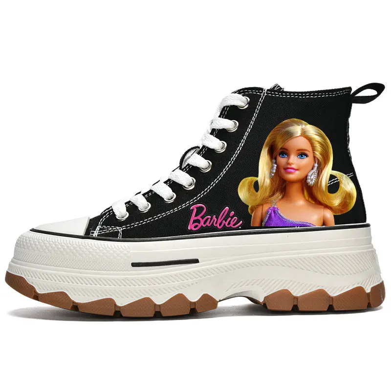 Woman Barbie Shoes Girls High Top Canvas teen  Casual Sneakers  White Shoes Cartoon Barbie Tennis elevator shoes Size 35-40