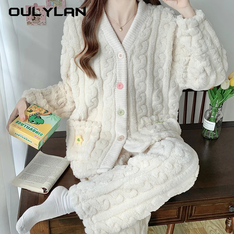 Korean Ins Fashion Velvet  Pajamas Winter Coral Fleece Pajama Sets Women Solid Sweet Button Design Long Sleeve Warm Sleepwear