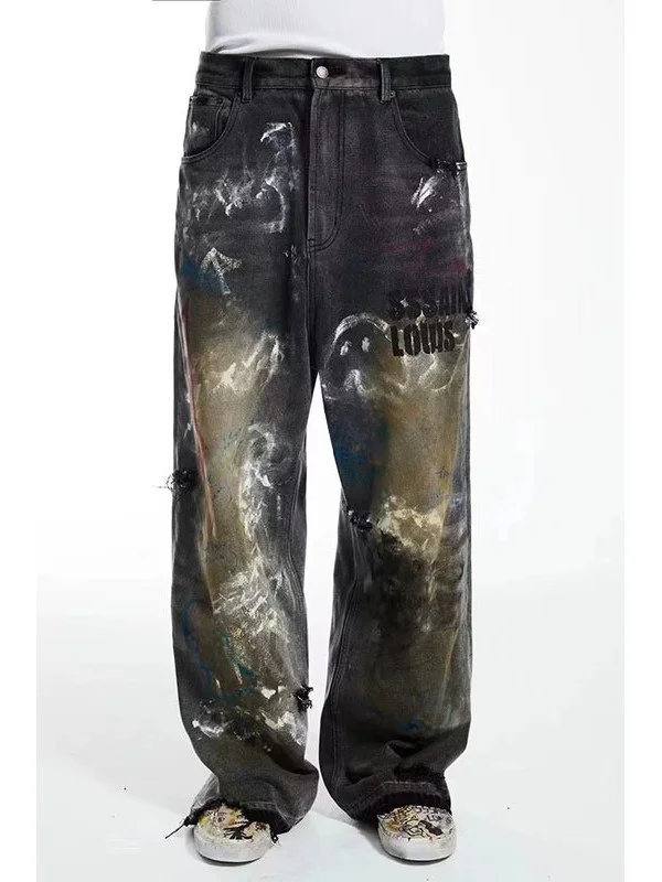 

Loose Casual Dstring Waist Denim Jeans Men's Women's fiti Print Trendy Brand SSSAINT LOUIS American Sle Worn out Han...