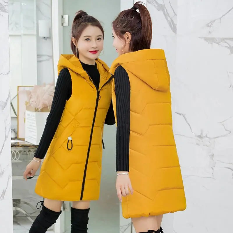 

Women's Warm Down Cotton Vest 2026 New Arrival Mid Length Fitted Hooded Waistcoat Casual Fashion Outerwear for Autumn Winter