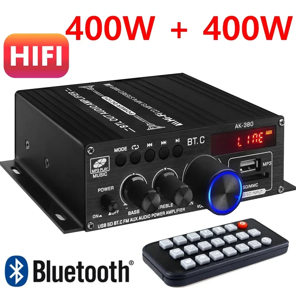 

HIFI Sound Amplifier 2.0 Channel Bluetooth Amp Home Digital Audio DC 12V3A AK380 for Car Bass Trebl