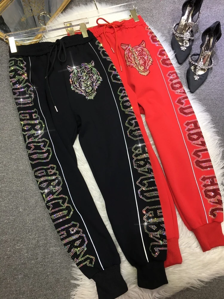 Letters Hot Blingbling Drilling Casual Sweatpants for Women All-match Drawstring Elastic Waist Thicken Autumn Winter Sport Pants