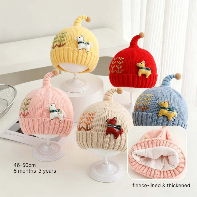 Infant Winter Knitted Hat 46-50cm 6M-3Y Thickened Baby Boy Girl Cold Proof Ponytail Knit Cap Warm Windproof Children Beanie