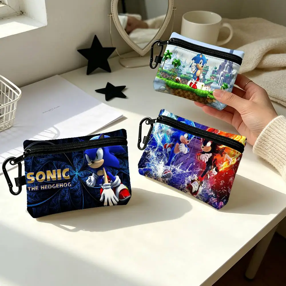 S-sonic The H-Hedgehog Portable Oxford Fabric Mini Wallet Carabiner Design Small Coin Bag For Cards Keys Earphones