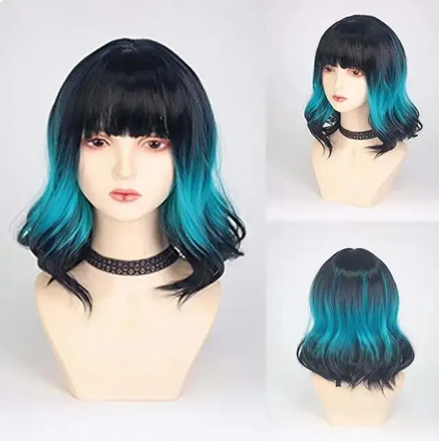 Short Synthetic Wigs Black Gradient Blue Curly Wave Wigs with Bangs for Women Cosplay Party Halloween Bob Wigs Heat Resistant