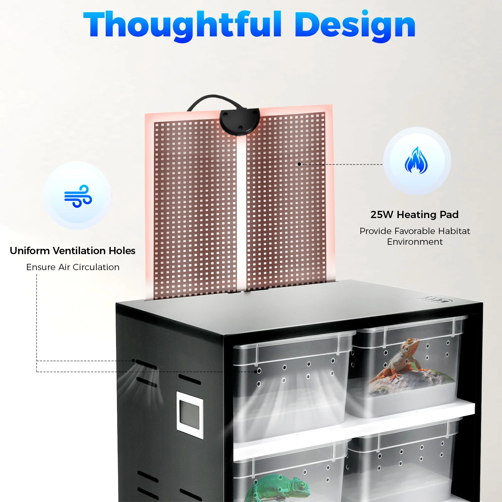 Reptile Breeding Cabinet with 8 Clear Boxes, 25W Heating Pad, Thermometer, for Spiders, Lizards & Small Reptiles, Space-Saving