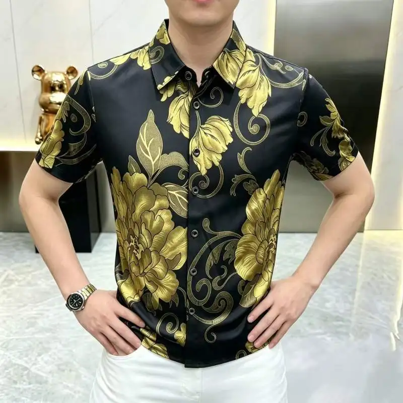 Floral Print Silky Shirts For Men Short Sleeve Polyester Elastane Summer Quality Smooth Comfortable Streetwear Camisas De Hombre