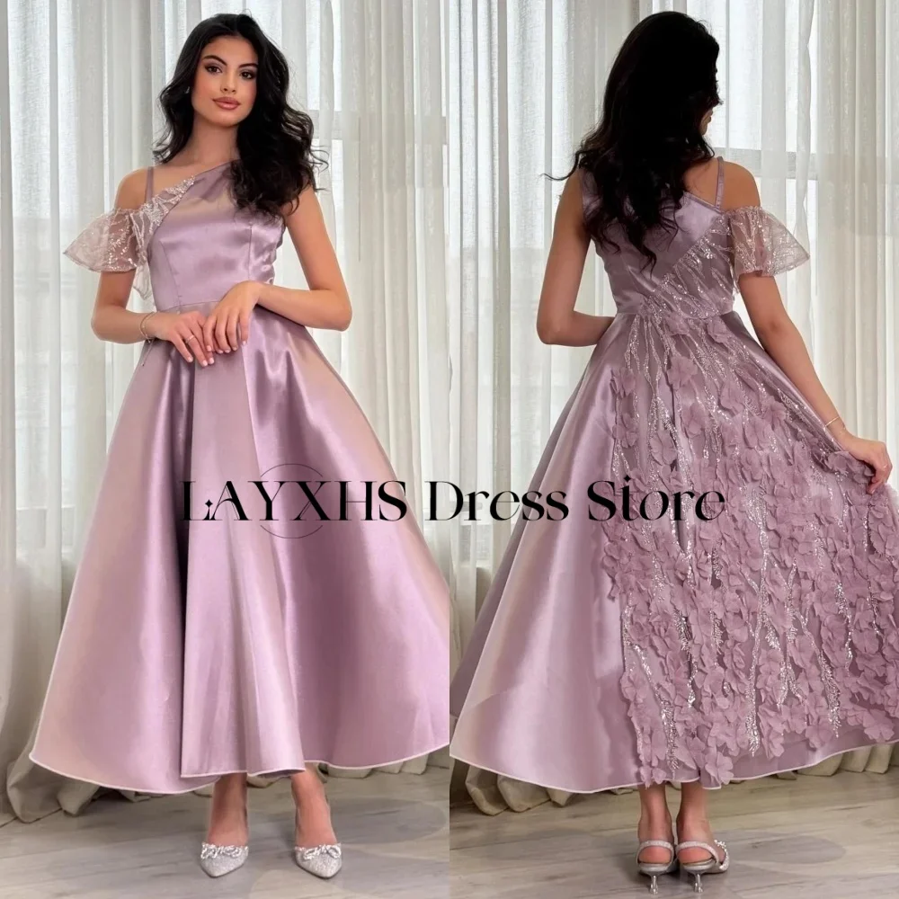 LAYXHS Exquisites One-Shoulder-Abendkleid, A-Linie, Spitze, Blumen, Falten, bodenlang, Ballkleid, individuell gestaltet