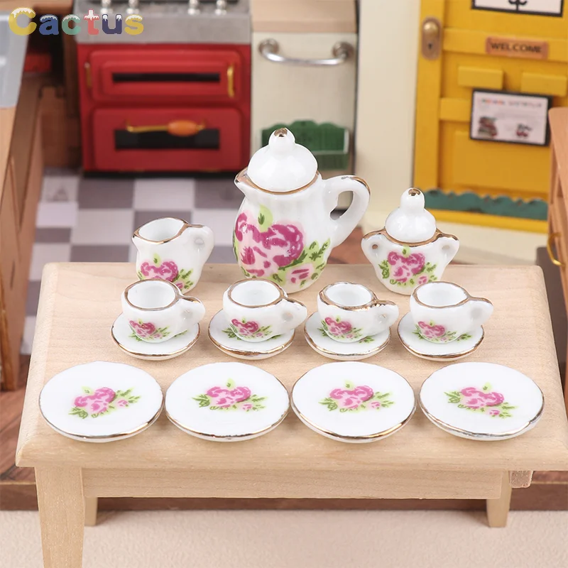 15Pcs/set 1:12 Dollhouse Miniature Ceramic Tea Set Cup Kettle Tray Flower Tableware Kitchen Decor Toy Doll House Accessories