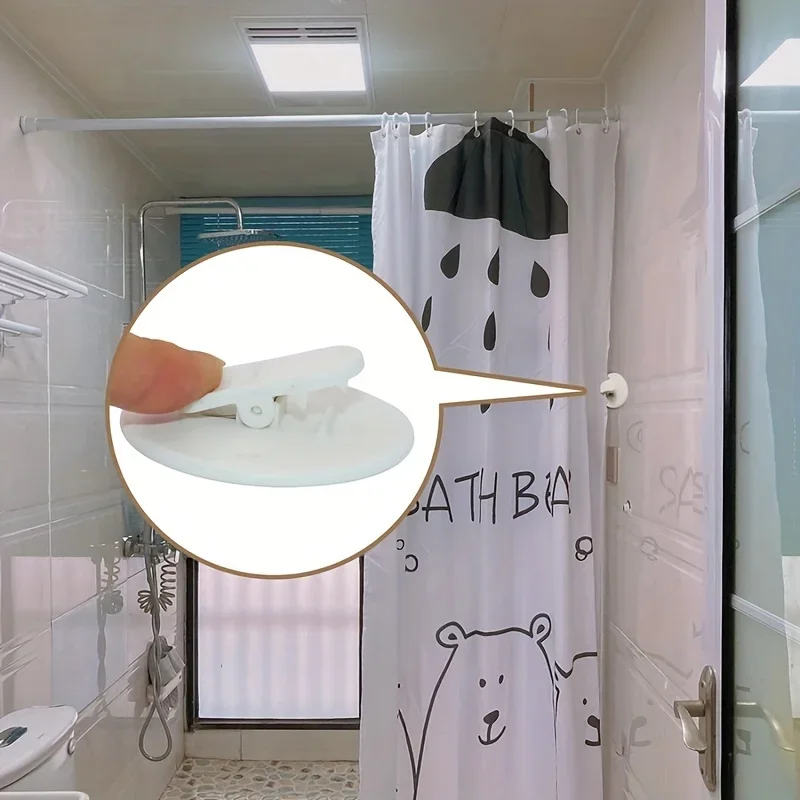 4pcs Clothespin Shower Curtain Clips, Shower Room Curtain Windproof Splash Guard, Adhesive Windproof Splash Clips