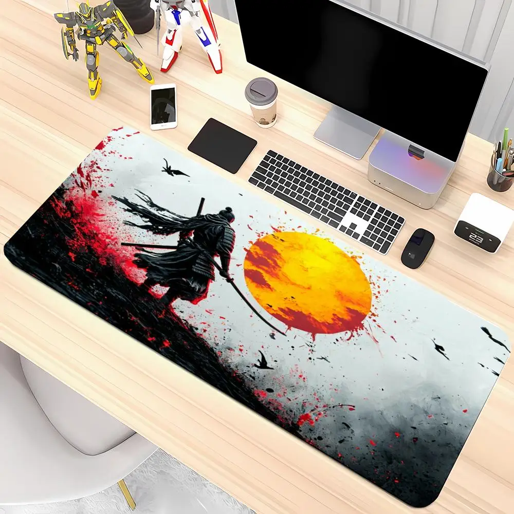 Japanese ink wash blood moon samurai ronin playmat warrior silhouette vintage gaming office mousepad