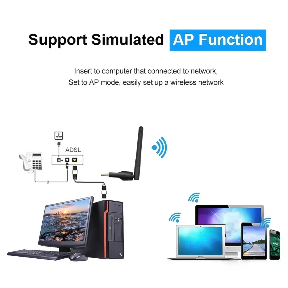 Adaptor Jaringan Kecil USB Kartu Chip RT8188 Nirkabel 150M dengan Antena Komputer WIFI