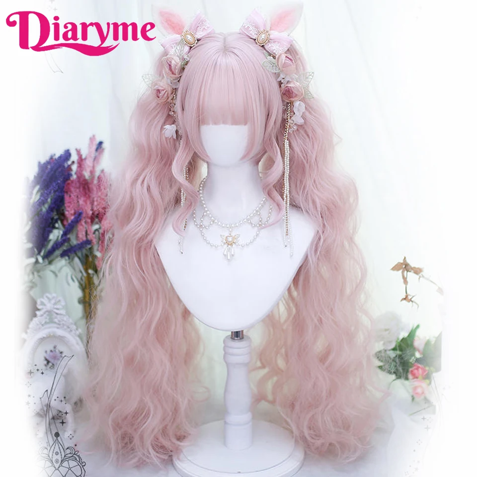 Women Wigs Synthetic Lolita Long Curly Clip on Ponytails Cosplay Wig Blonde Pink Wigs Female Long Wavy Curly Ponytail Hair Wig