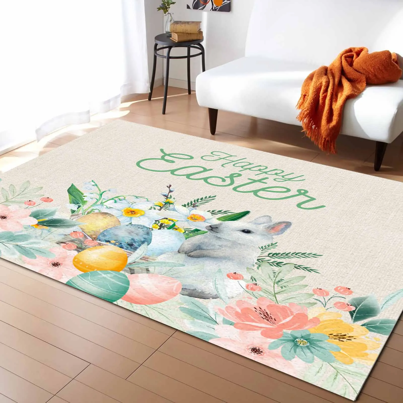 

Watercolor Rabbit Easter Flower Plants Living Room Floor Mat Children's Bedroom Bedside Carpet Kitchen Door