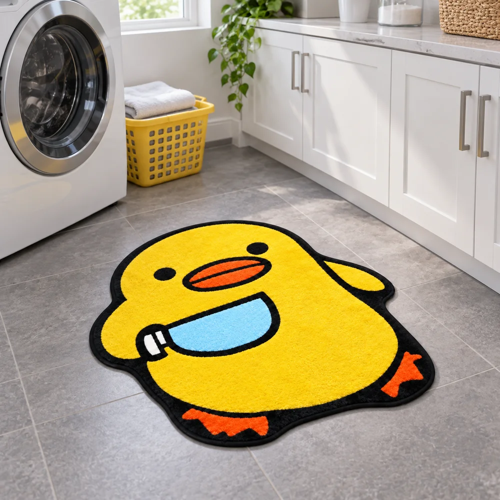 Cute Yellow Duck Irregular Floor Mat With Knife Design, Soft Flannel Area Rug For Bedroom, Entryway, Dorm And Kids Room Decor