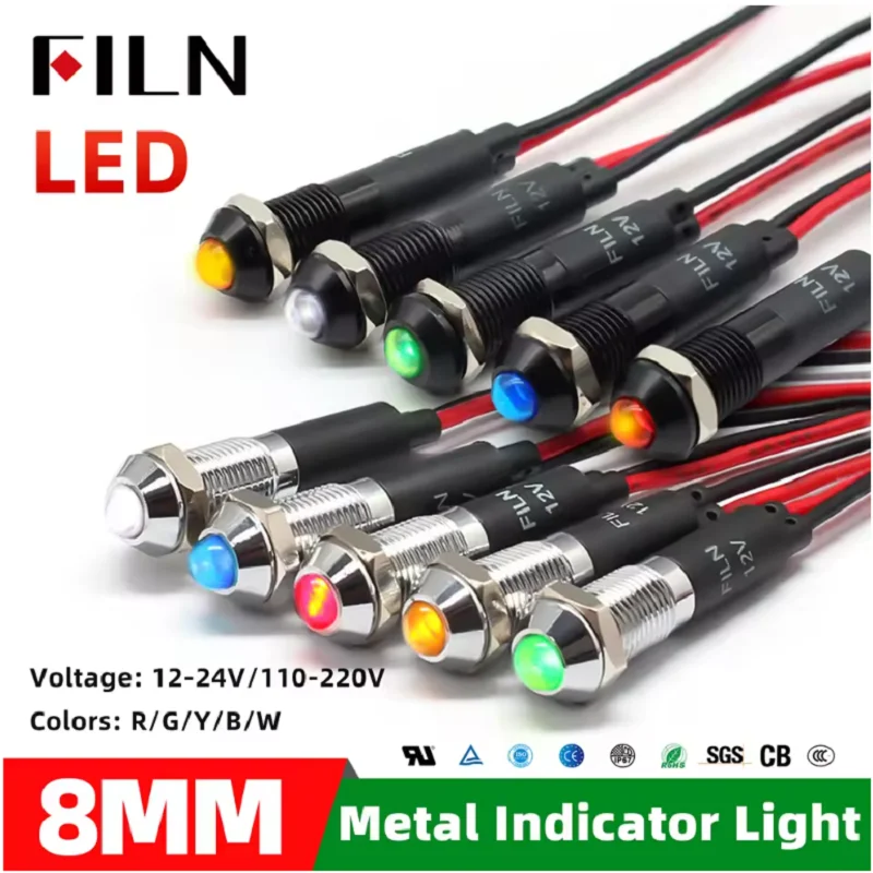 FILN 8mm LED Light Panel Mounted Raised Head LED Light Panel Black Metal Shell Mini 12V 24V 110V 220V With 20cm Cable