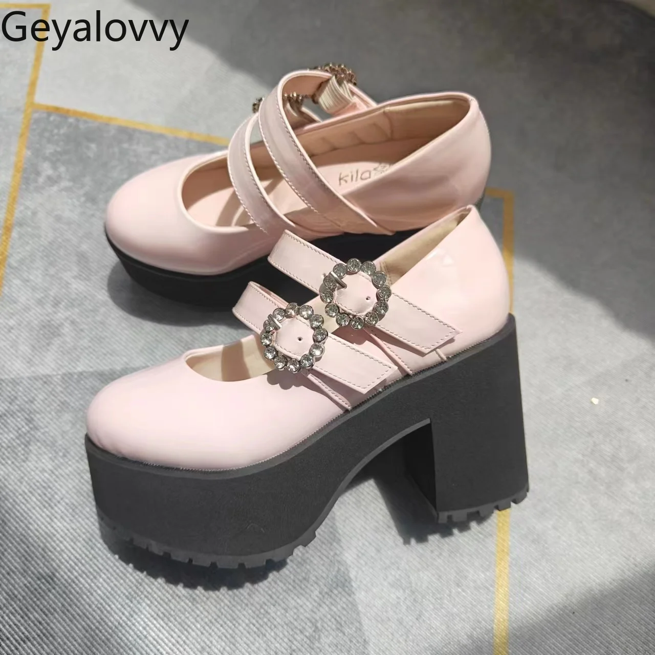 

Japanese Pumps for Lady Sweet College Lolita Style Double with Round Rhinestone Buckle Women's Single Shoes Mass Production Type
