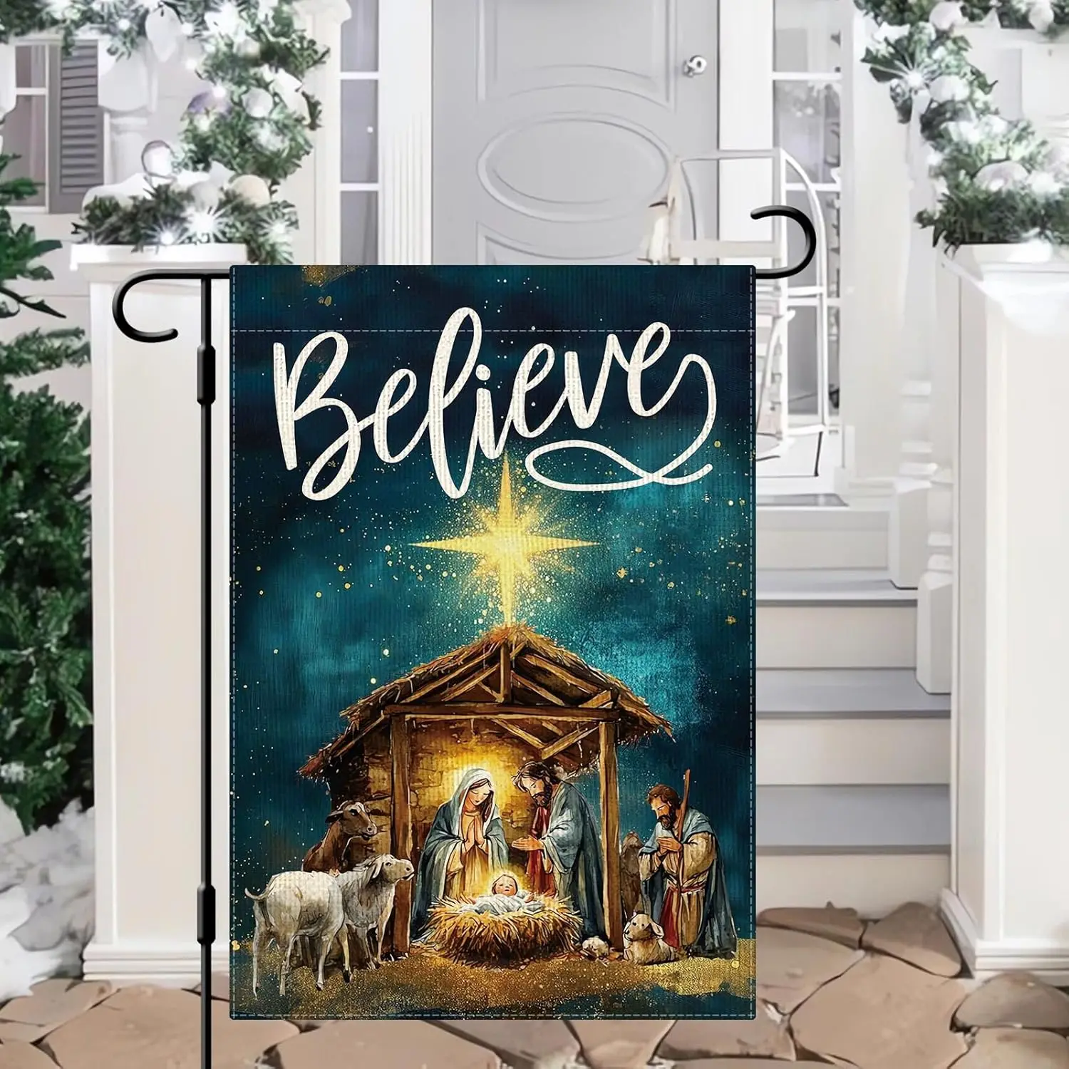 DLZDN Believe Jesus Garden Flag Jesus Nativity Scene Flag 12×18 Inch Double Side Vertical Burlap Farmhouse Yard Sign Christm GGO