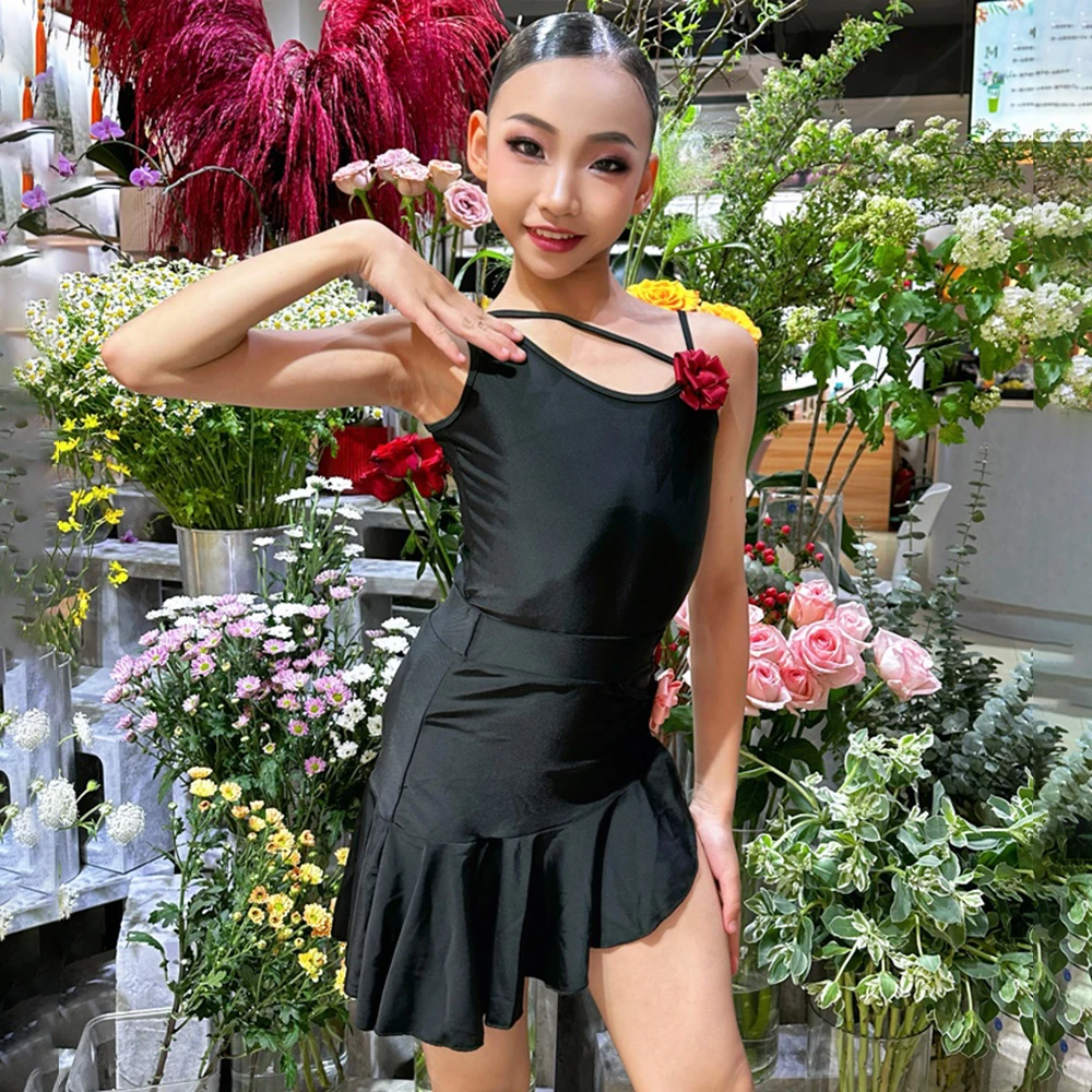 

Black Latin Dance Competition Suit Oblique Shoulder Tops Ruffle Skirt Samba Dance Stage Wear Girls Dance Suit Summer VDL623