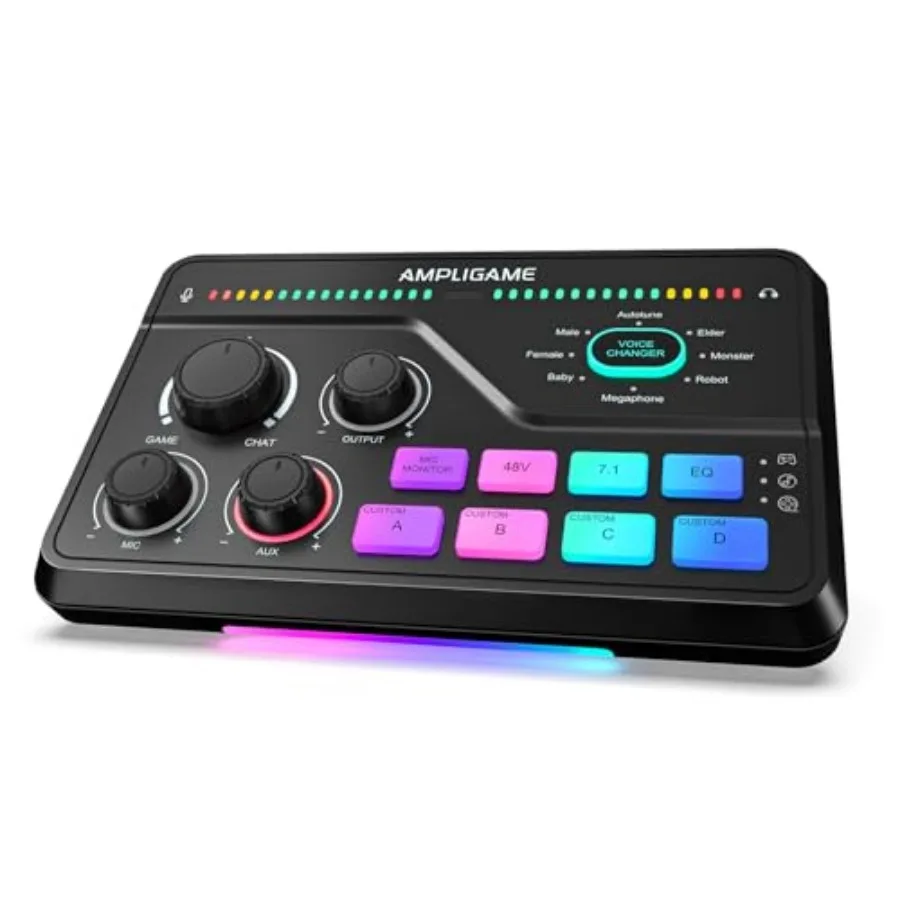 

Gaming Mixer for Voice Chat and Streaming- 7.1ch Surround Sound Headphone Amp-XLR Preamp-USB Plug and Play-Voice Changer-RGB-Vo