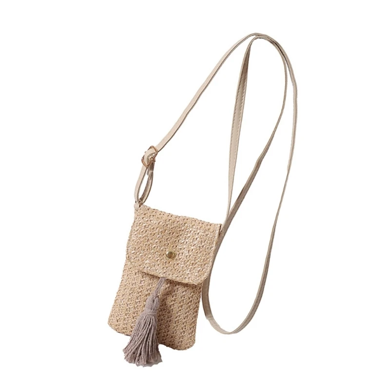 E74B Woven Straw Phone Bag with Adjsutable Strap and Tassels Shoulder Crossbody Purse Wallet for Women Beach and Travel